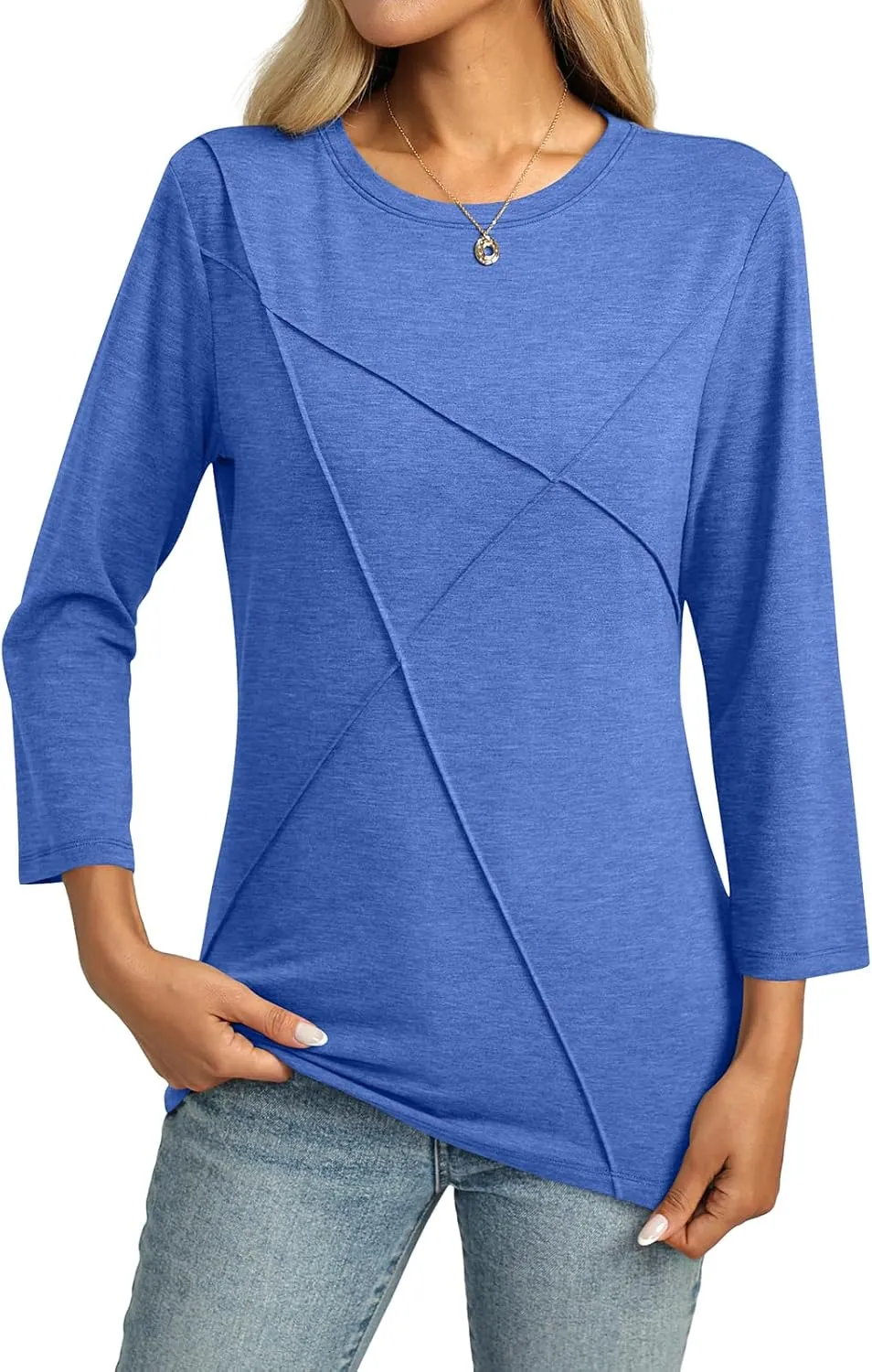 Womens 3/4 Sleeve Tops Crew Neck Summer Tops Casual Basic Tees Loose Fit Blouses