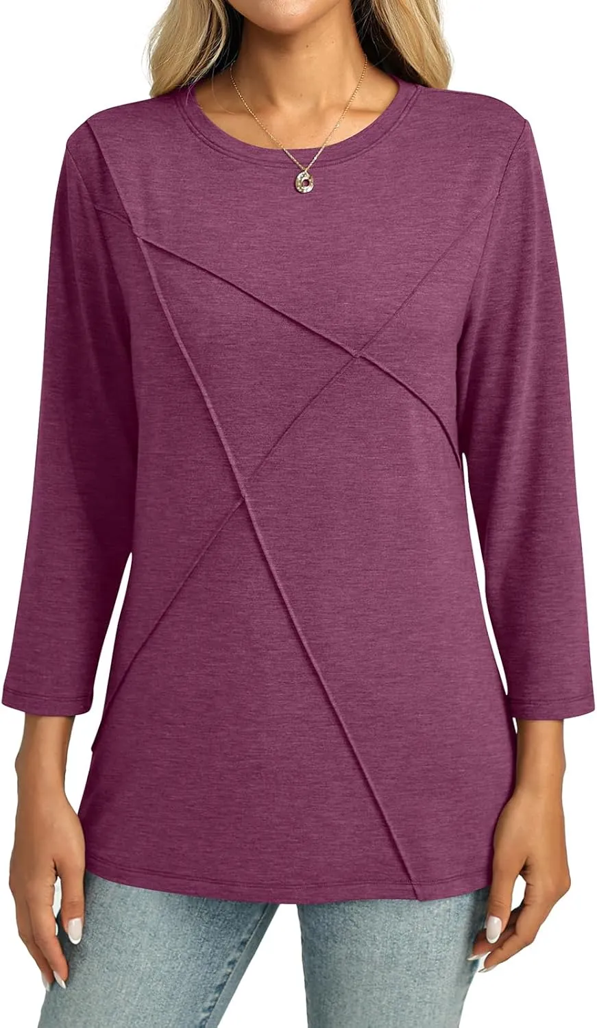 Womens 3/4 Sleeve Tops Crew Neck Summer Tops Casual Basic Tees Loose Fit Blouses