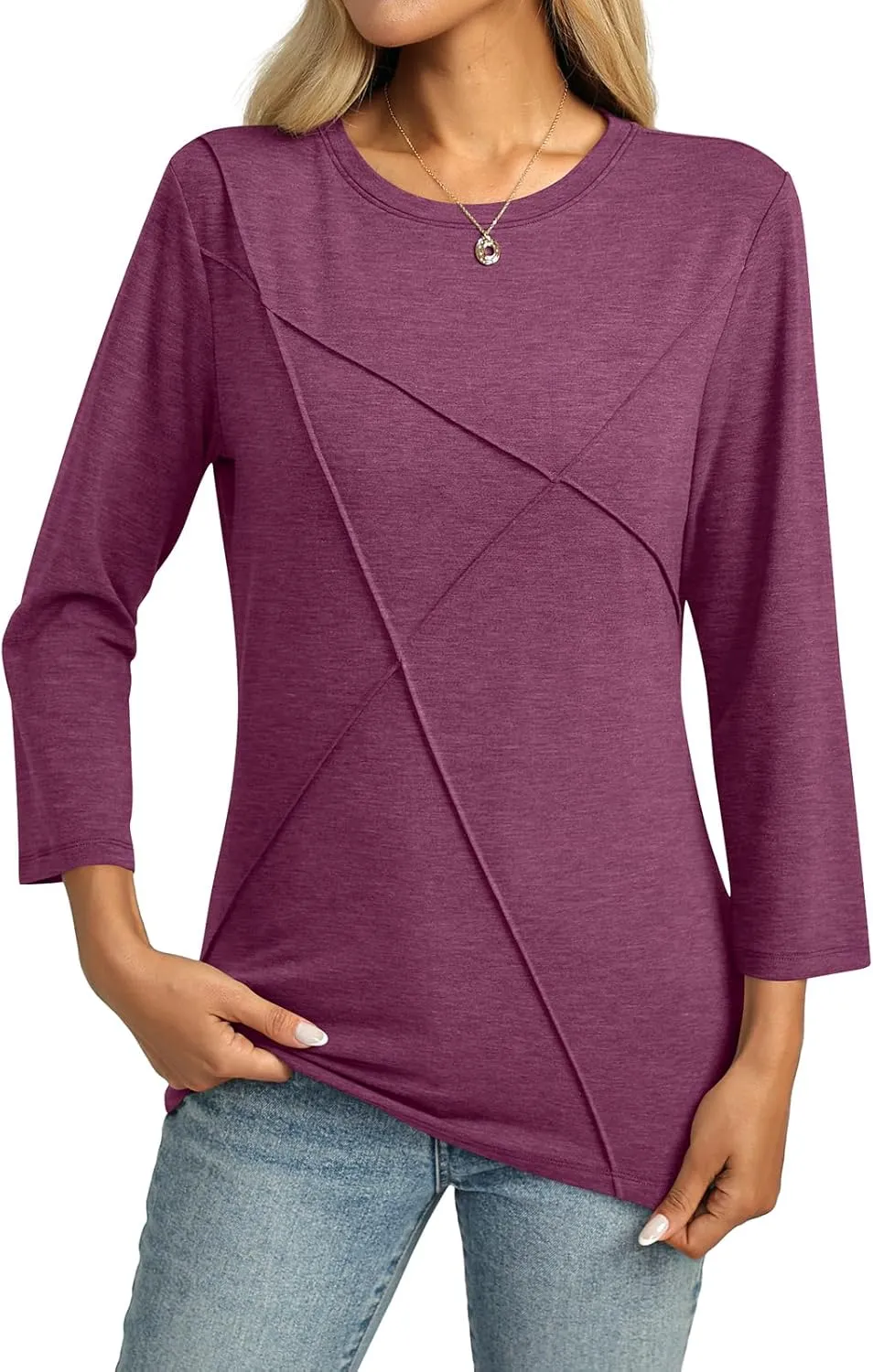 Womens 3/4 Sleeve Tops Crew Neck Summer Tops Casual Basic Tees Loose Fit Blouses