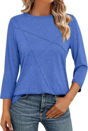 Womens 3/4 Sleeve Tops Crew Neck Summer Tops Casual Basic Tees Loose Fit Blouses