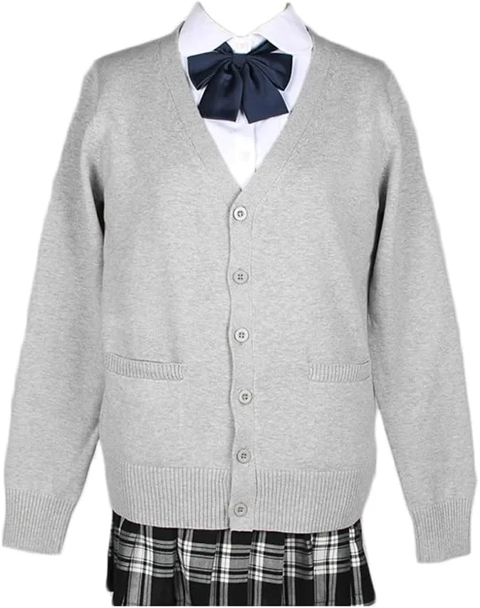 Women's Cardigan School Uniform Sweater V Neck Button Down Knit Cardigans Coat with Pockets