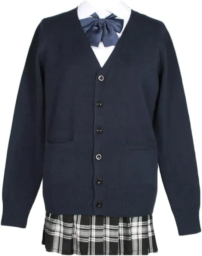 Women's Cardigan School Uniform Sweater V Neck Button Down Knit Cardigans Coat with Pockets