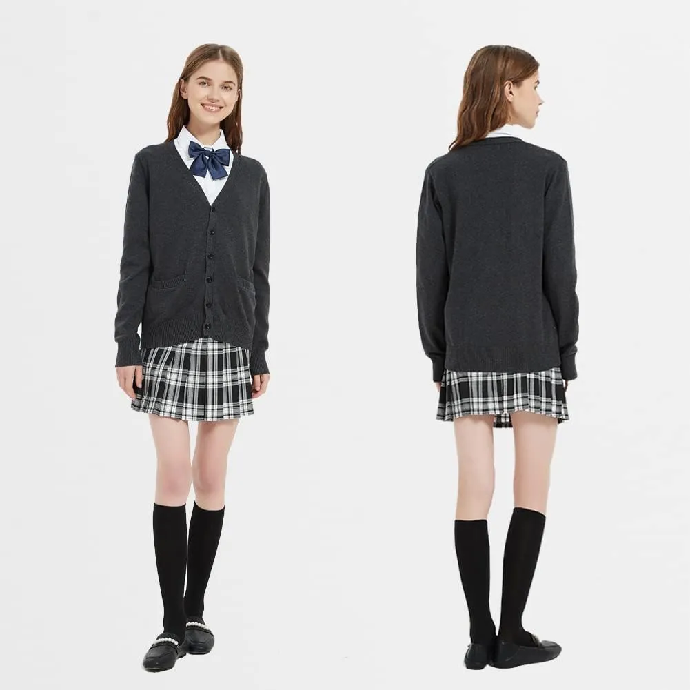 Women's Cardigan School Uniform Sweater V Neck Button Down Knit Cardigans Coat with Pockets