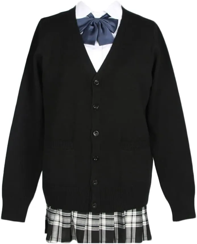 Women's Cardigan School Uniform Sweater V Neck Button Down Knit Cardigans Coat with Pockets