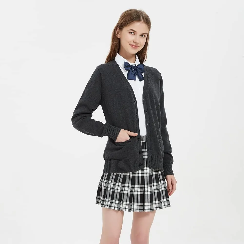 Women's Cardigan School Uniform Sweater V Neck Button Down Knit Cardigans Coat with Pockets