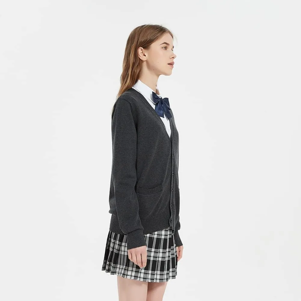 Women's Cardigan School Uniform Sweater V Neck Button Down Knit Cardigans Coat with Pockets