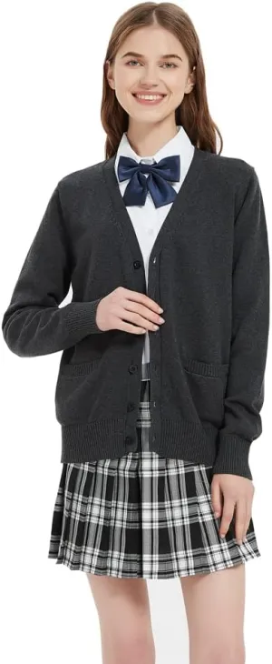 Women's Cardigan School Uniform Sweater V Neck Button Down Knit Cardigans Coat with Pockets