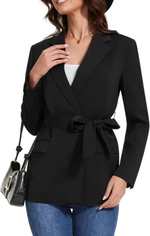 Womens Casual Blazers Long Sleeve Open Front Suit Wrap-Belted Work Office Blazers Jacket with Pockets