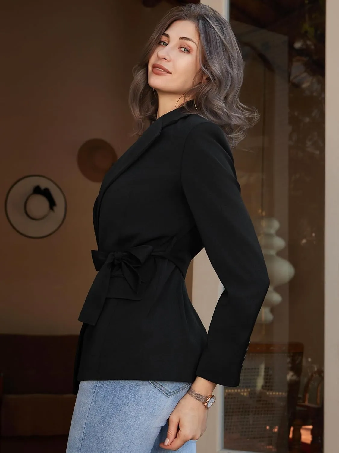 Womens Casual Blazers Long Sleeve Open Front Suit Wrap-Belted Work Office Blazers Jacket with Pockets