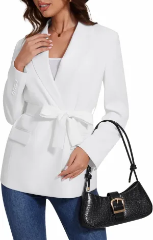 Womens Casual Blazers Long Sleeve Open Front Suit Wrap-Belted Work Office Blazers Jacket with Pockets
