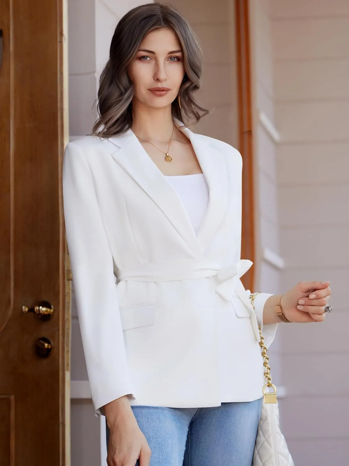 Womens Casual Blazers Long Sleeve Open Front Suit Wrap-Belted Work Office Blazers Jacket with Pockets