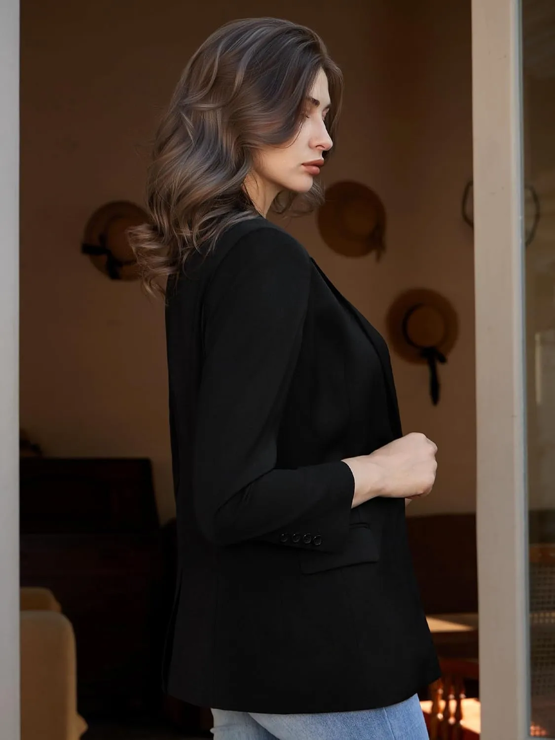 Womens Casual Blazers Long Sleeve Open Front Suit Wrap-Belted Work Office Blazers Jacket with Pockets