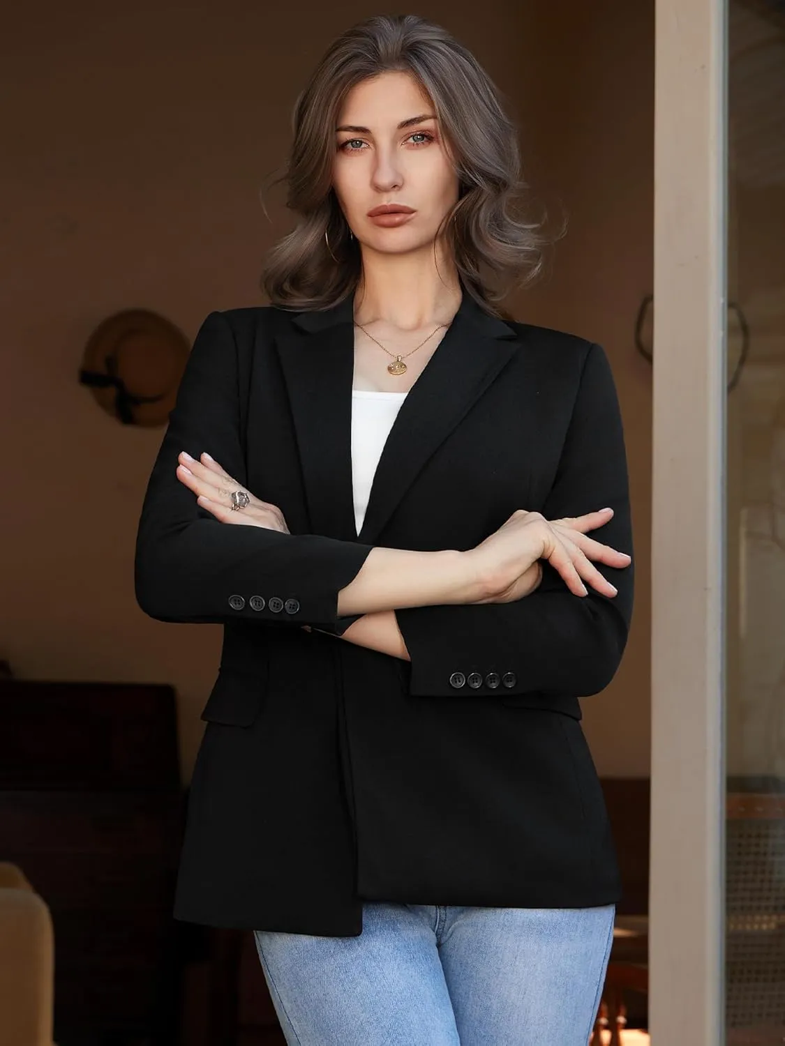 Womens Casual Blazers Long Sleeve Open Front Suit Wrap-Belted Work Office Blazers Jacket with Pockets