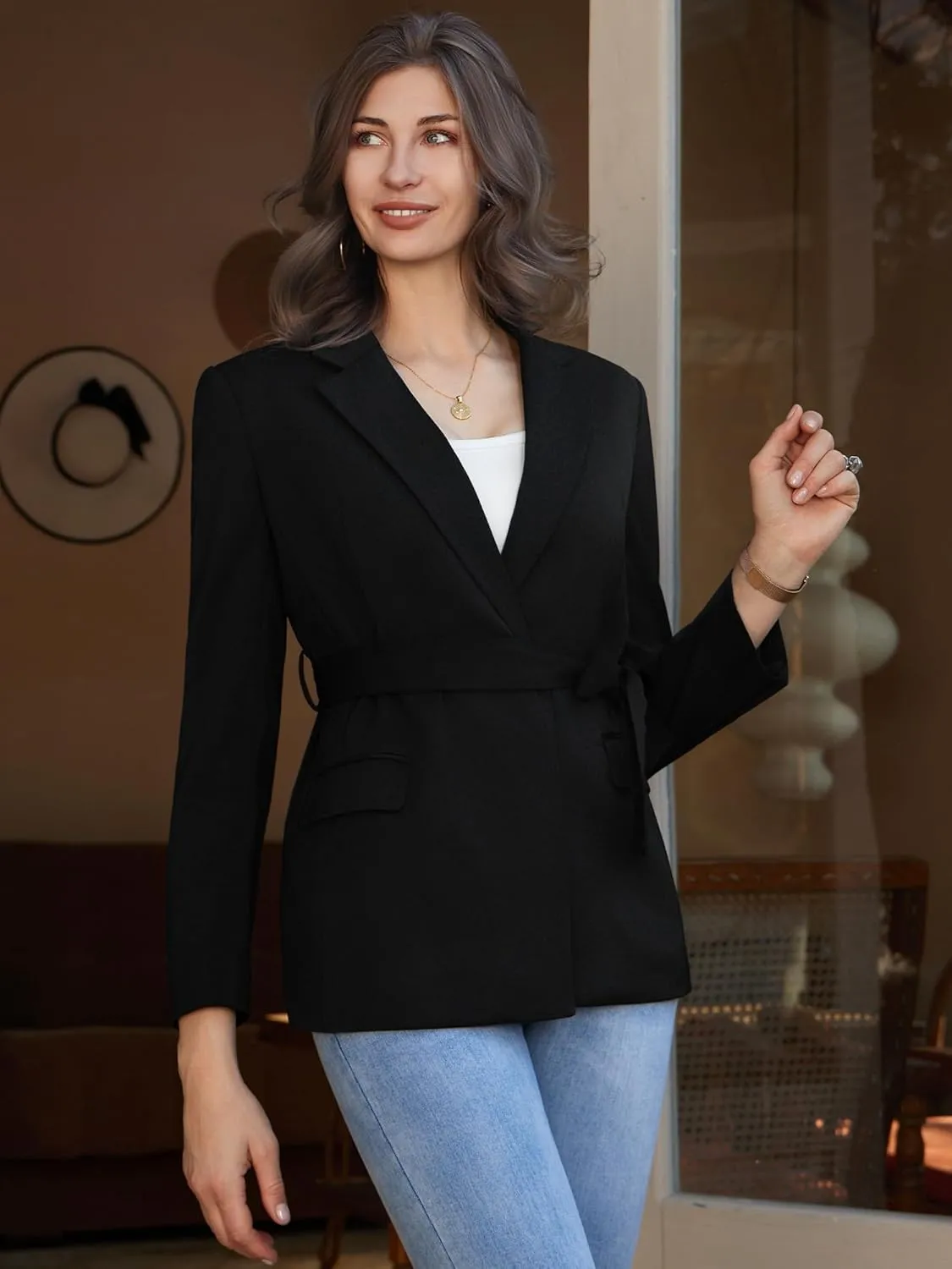Womens Casual Blazers Long Sleeve Open Front Suit Wrap-Belted Work Office Blazers Jacket with Pockets