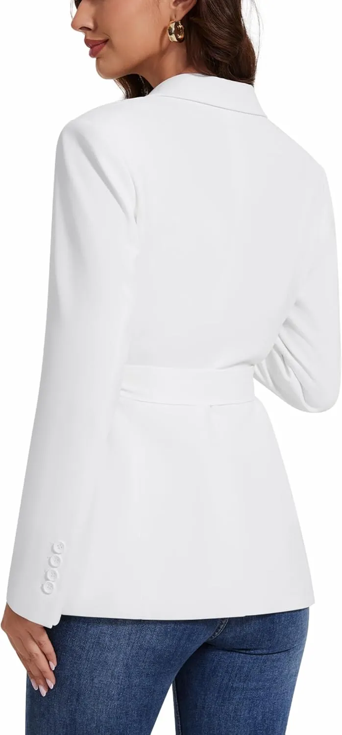 Womens Casual Blazers Long Sleeve Open Front Suit Wrap-Belted Work Office Blazers Jacket with Pockets
