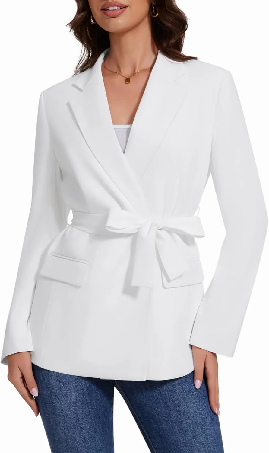 Womens Casual Blazers Long Sleeve Open Front Suit Wrap-Belted Work Office Blazers Jacket with Pockets