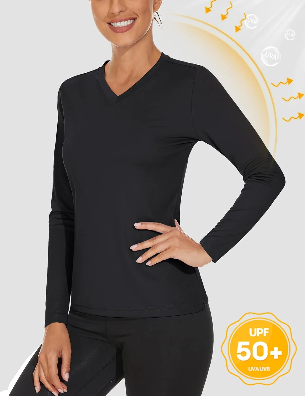 Women's Long Sleeve V Neck Workout Tops UPF50  Sun Protection Moisture Wicking Lightweight Swim T-Shirts