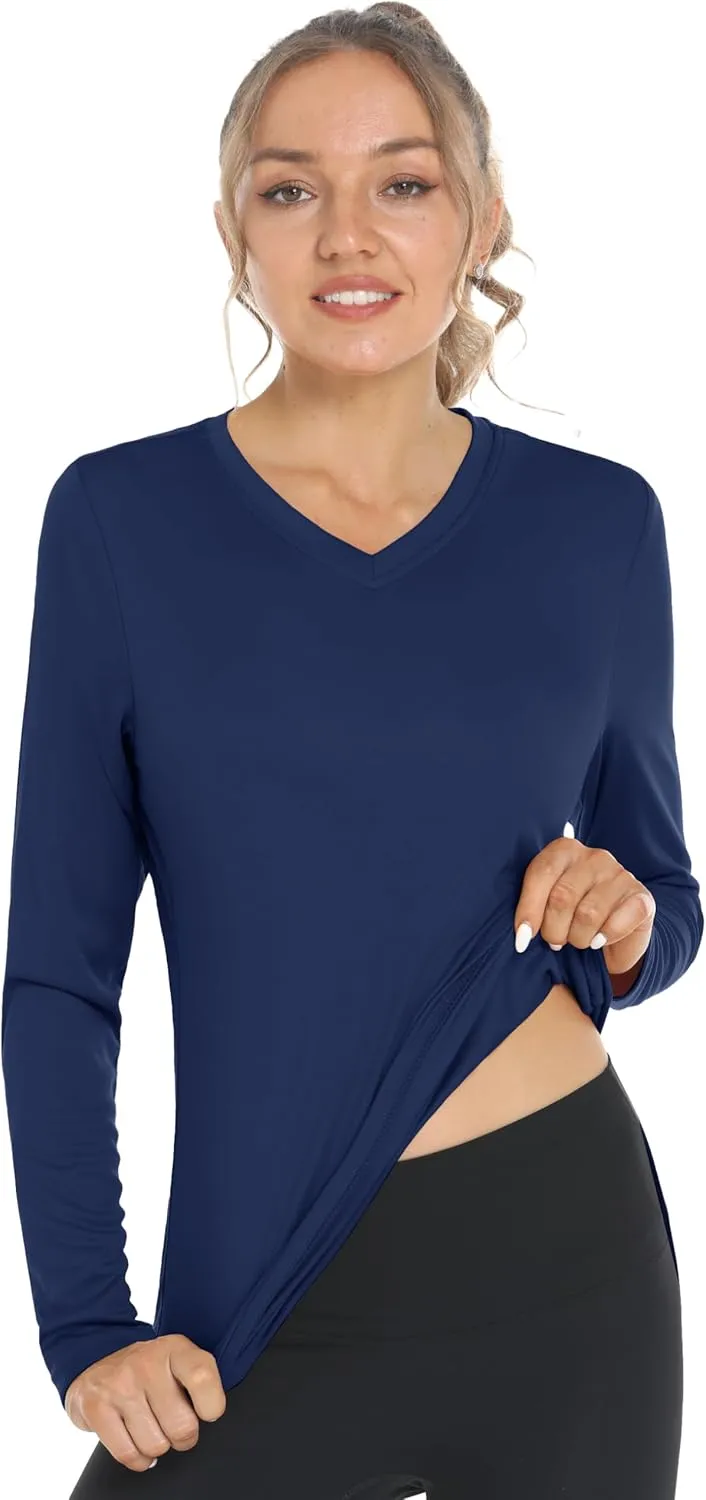 Women's Long Sleeve V Neck Workout Tops UPF50  Sun Protection Moisture Wicking Lightweight Swim T-Shirts