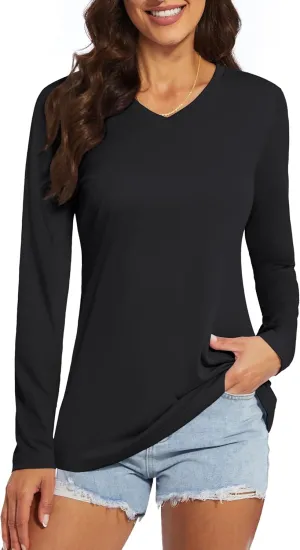 Women's Long Sleeve V Neck Workout Tops UPF50  Sun Protection Moisture Wicking Lightweight Swim T-Shirts