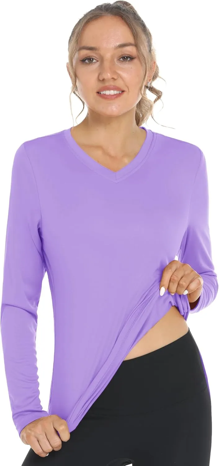 Women's Long Sleeve V Neck Workout Tops UPF50  Sun Protection Moisture Wicking Lightweight Swim T-Shirts