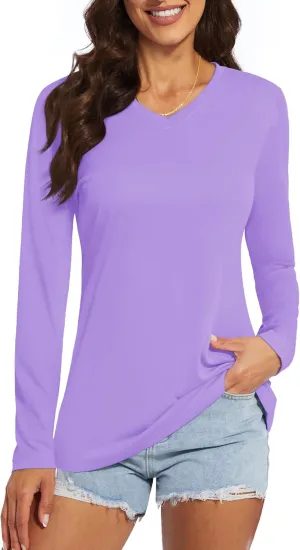 Women's Long Sleeve V Neck Workout Tops UPF50  Sun Protection Moisture Wicking Lightweight Swim T-Shirts