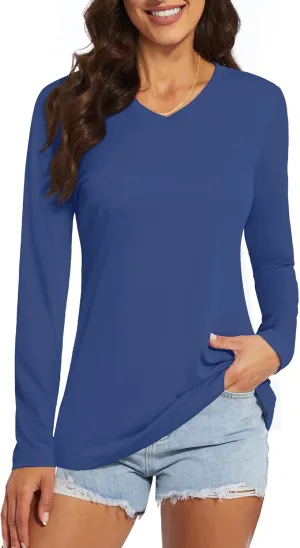 Women's Long Sleeve V Neck Workout Tops UPF50  Sun Protection Moisture Wicking Lightweight Swim T-Shirts