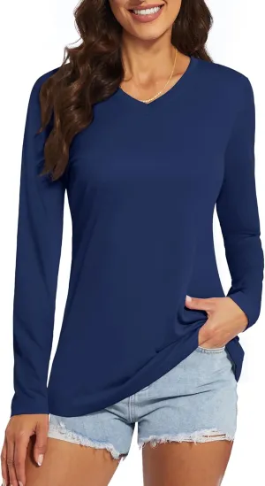 Women's Long Sleeve V Neck Workout Tops UPF50  Sun Protection Moisture Wicking Lightweight Swim T-Shirts