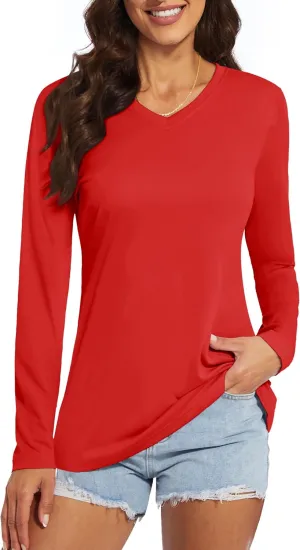 Women's Long Sleeve V Neck Workout Tops UPF50  Sun Protection Moisture Wicking Lightweight Swim T-Shirts