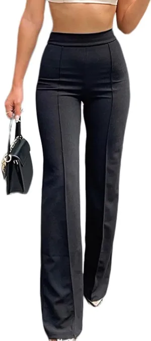 Women's Stretchy High Waisted Wide Leg Button-Down Pants Sailor Bell Flare Pants