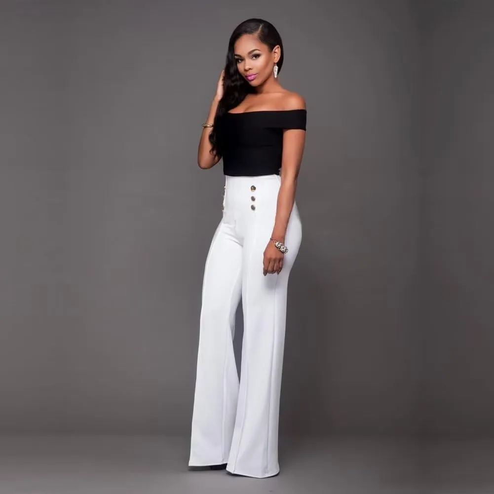 Women's Stretchy High Waisted Wide Leg Button-Down Pants Sailor Bell Flare Pants