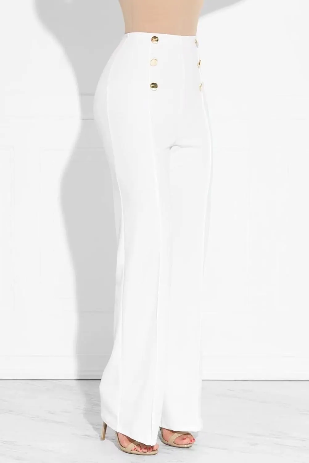 Women's Stretchy High Waisted Wide Leg Button-Down Pants Sailor Bell Flare Pants