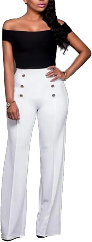 Women's Stretchy High Waisted Wide Leg Button-Down Pants Sailor Bell Flare Pants