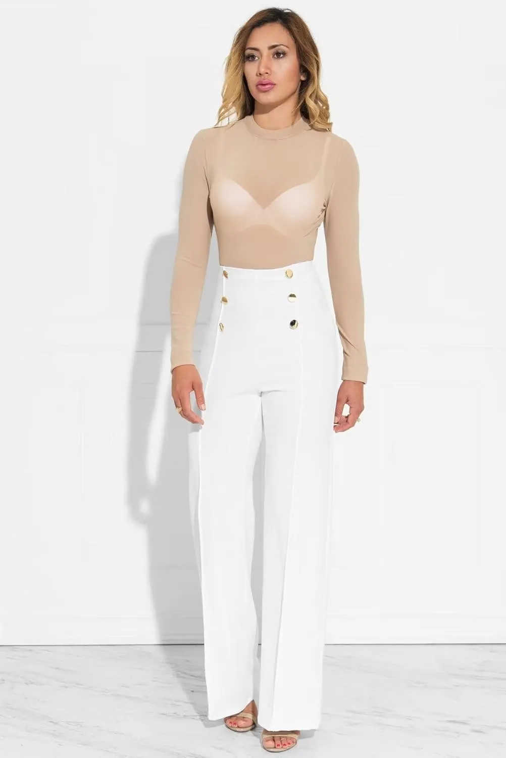 Women's Stretchy High Waisted Wide Leg Button-Down Pants Sailor Bell Flare Pants