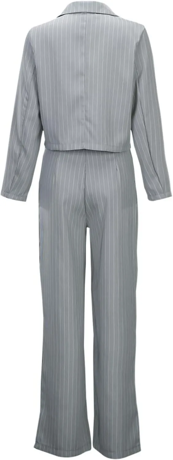 Womens Suits 2 Piece Set Striped Blazer Business Casual Short Lapel Blazer High Waisted Work Pants Business Suit