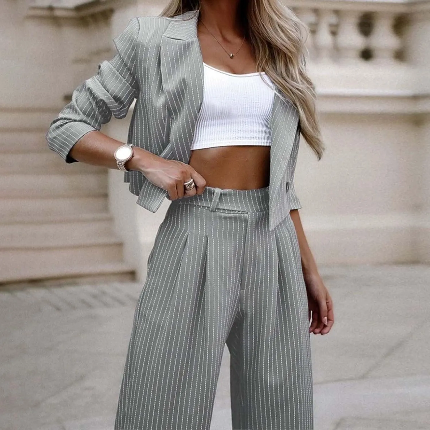 Womens Suits 2 Piece Set Striped Blazer Business Casual Short Lapel Blazer High Waisted Work Pants Business Suit