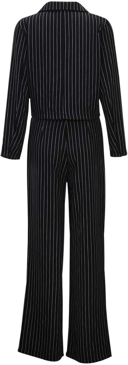 Womens Suits 2 Piece Set Striped Blazer Business Casual Short Lapel Blazer High Waisted Work Pants Business Suit