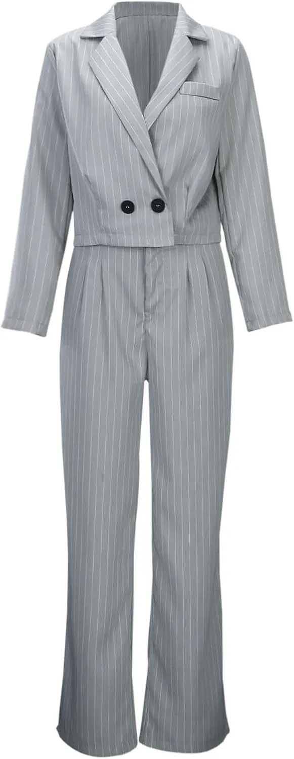 Womens Suits 2 Piece Set Striped Blazer Business Casual Short Lapel Blazer High Waisted Work Pants Business Suit