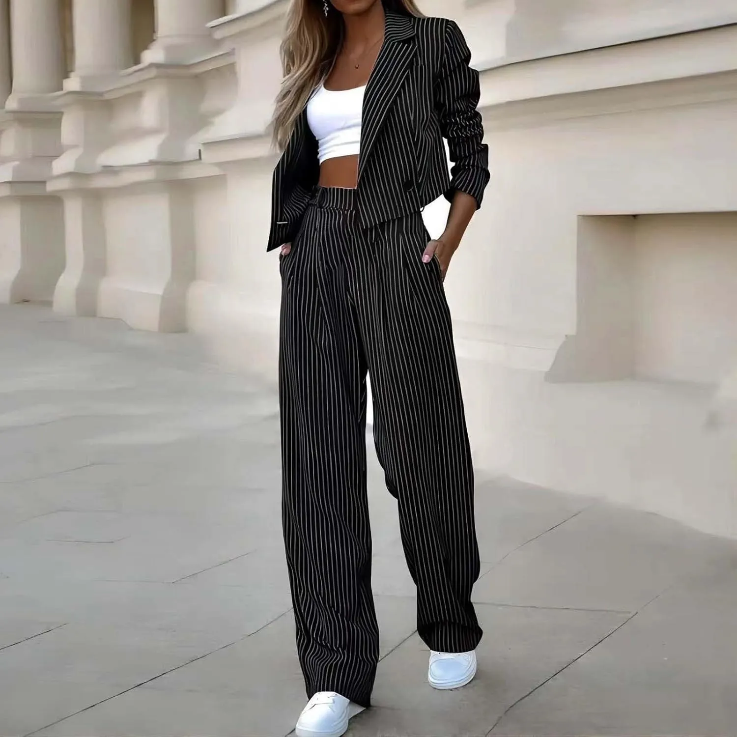 Womens Suits 2 Piece Set Striped Blazer Business Casual Short Lapel Blazer High Waisted Work Pants Business Suit