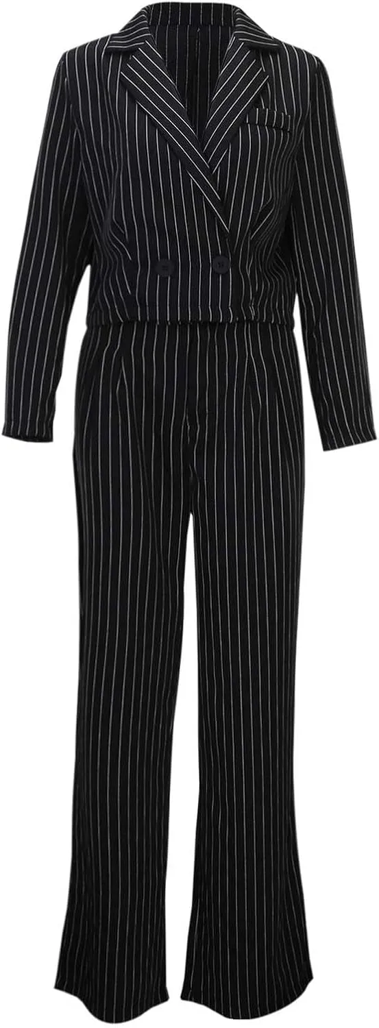 Womens Suits 2 Piece Set Striped Blazer Business Casual Short Lapel Blazer High Waisted Work Pants Business Suit
