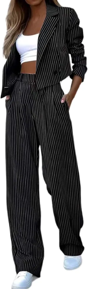 Womens Suits 2 Piece Set Striped Blazer Business Casual Short Lapel Blazer High Waisted Work Pants Business Suit