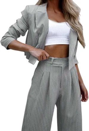 Womens Suits 2 Piece Set Striped Blazer Business Casual Short Lapel Blazer High Waisted Work Pants Business Suit