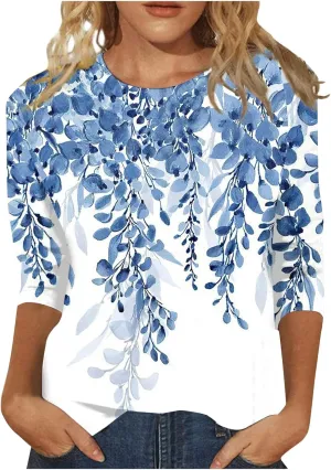 Womens Summer Tops Dressy 3/4 Sleeve Shirts Floral Print Tunic Blouses 2024 Womens Tops Casual Basic Tees