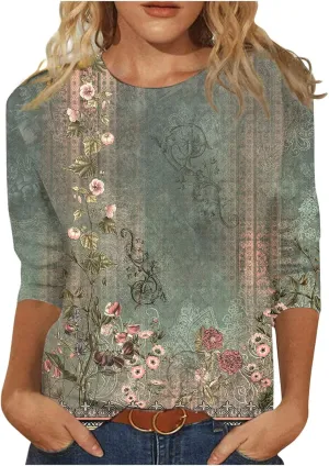 Womens Summer Tops Dressy 3/4 Sleeve Shirts Floral Print Tunic Blouses 2024 Womens Tops Casual Basic Tees