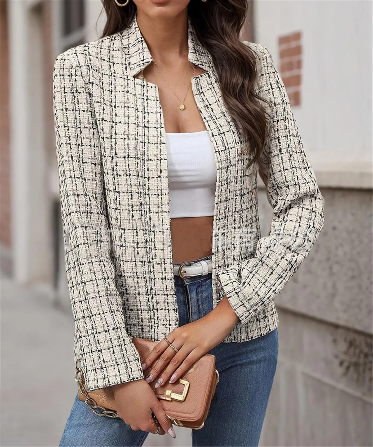 Womens Tweed Open Front Blazers Fitted Jacket Dressy Casual Notch Collar Overcoat Plaid Coat Office Outfits Outwear for Women