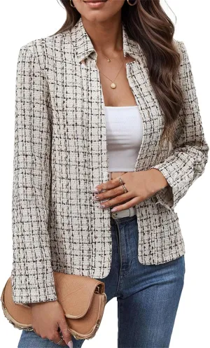 Womens Tweed Open Front Blazers Fitted Jacket Dressy Casual Notch Collar Overcoat Plaid Coat Office Outfits Outwear for Women