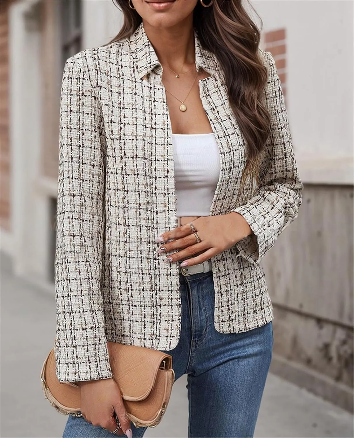 Womens Tweed Open Front Blazers Fitted Jacket Dressy Casual Notch Collar Overcoat Plaid Coat Office Outfits Outwear for Women