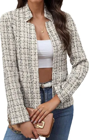Womens Tweed Open Front Blazers Fitted Jacket Dressy Casual Notch Collar Overcoat Plaid Coat Office Outfits Outwear for Women
