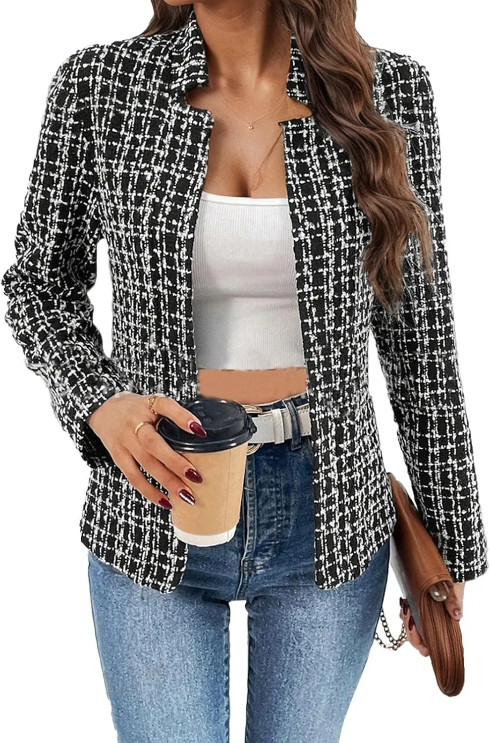 Womens Tweed Open Front Blazers Fitted Jacket Dressy Casual Notch Collar Overcoat Plaid Coat Office Outfits Outwear for Women