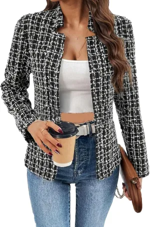 Womens Tweed Open Front Blazers Fitted Jacket Dressy Casual Notch Collar Overcoat Plaid Coat Office Outfits Outwear for Women