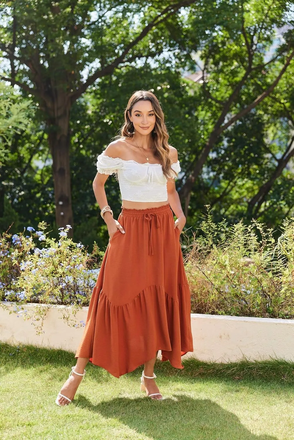 Zeagoo Women High Waisted Long Skirt Flowy Drawstring Maxi Skirt